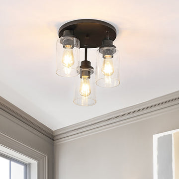 Jonah 12" Bohemian Farmhouse Iron/Seeded Glass LED Semi Flush Mount - JONATHAN Y